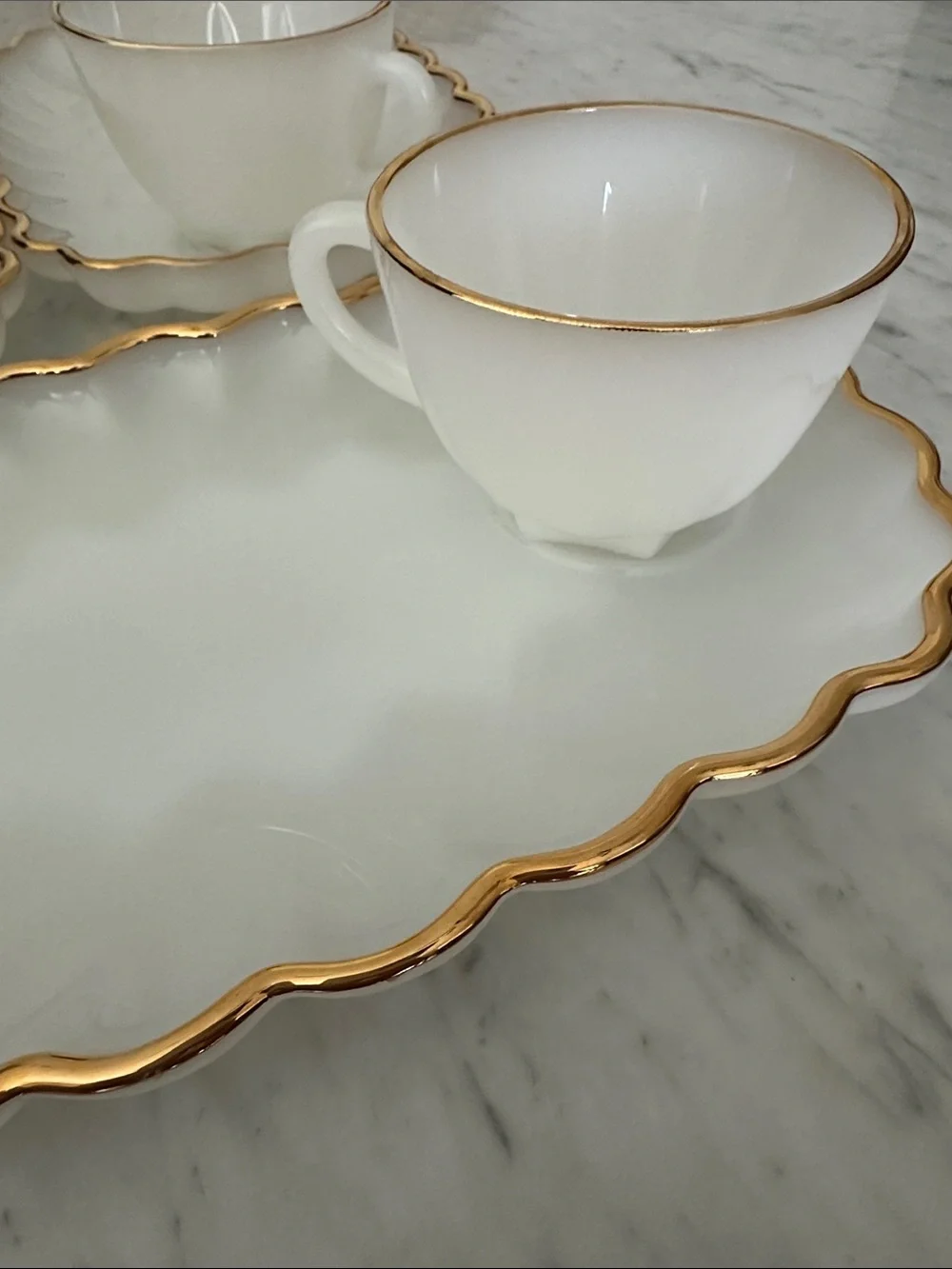 Vintage Fire King Anchor Hocking White Snack Plate Set with Gold Trim